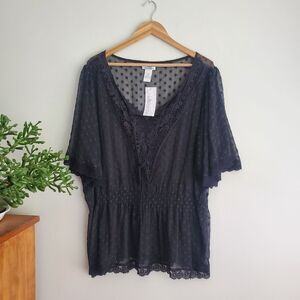 Silhouettes black sheer top with lace embroidery accents size 2x